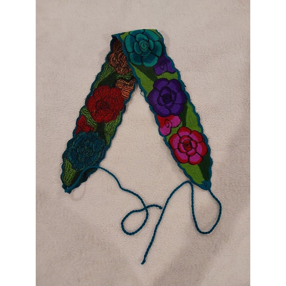 Handmade Floral Embroidered Mexican Fabric Wrap Belt Oaxacan Style L/XL